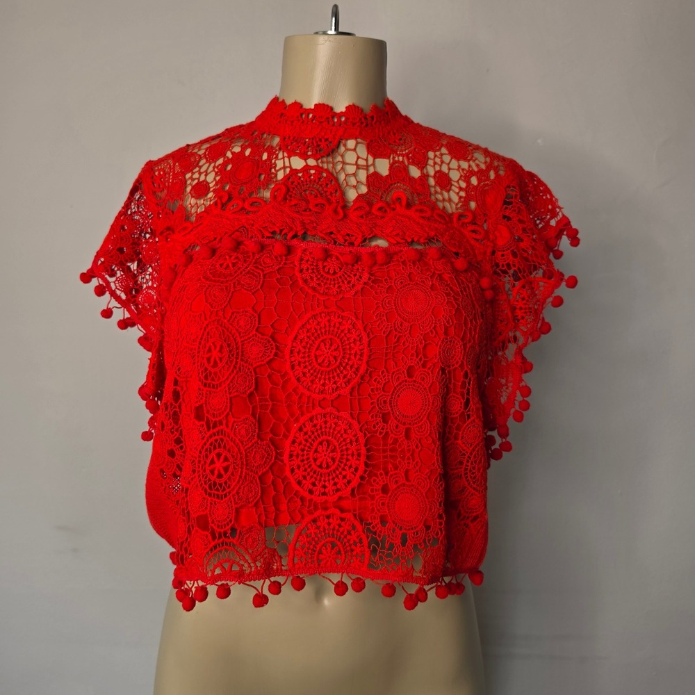 Tularosa Top Women S Red Crochet Lace Pom Pom Trim Boho Flutter Sleeve Mock Neck